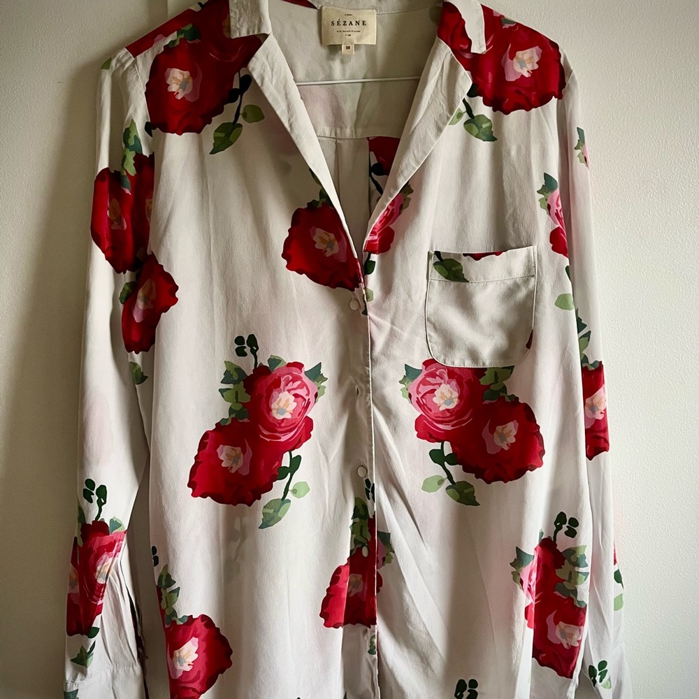 Sezane Notched Collar Button Down Shirt Red and light grey